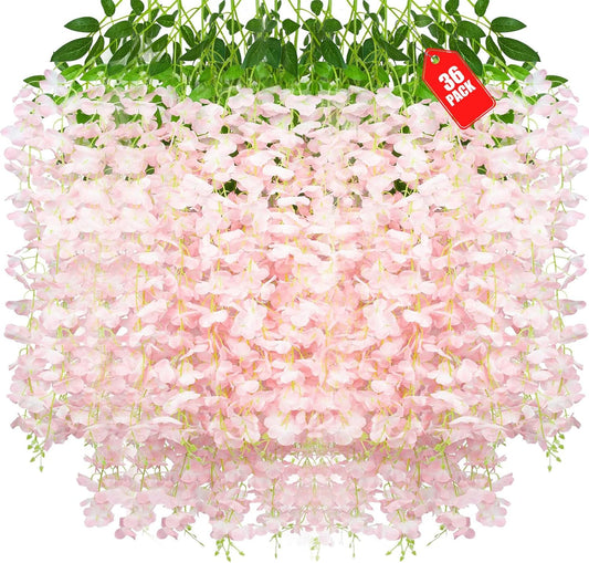 36 Pack Light Pink Wisteria Hanging Flowers, 3.44 Ft Fake Hanging Flowers, Artificial Wisteria Garland Vines for Wedding Room Backdrop Outdoor Patio Garden Decoration