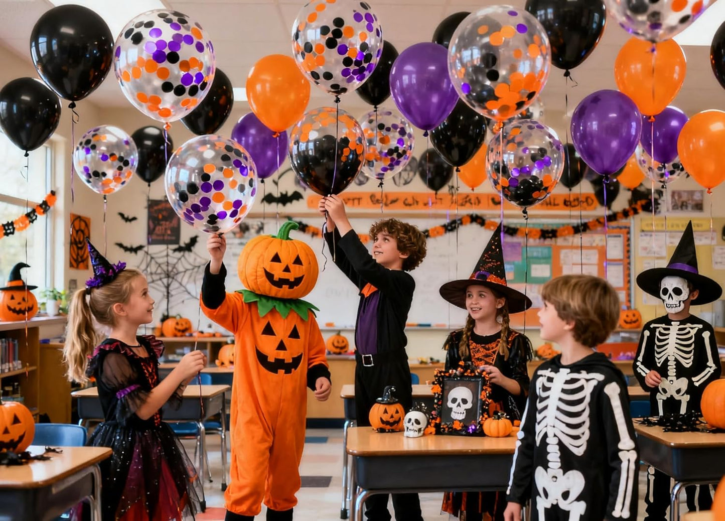 50pcs Purple Orange and Black Foil Confetti Balloons,12 inch Latex Balloon with Purple Orange Black Confetti Inside for Halloween Party Decorations