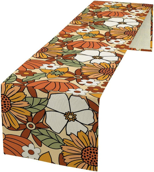 Vintage Floral Table Runner,Boho 70s Style Retro Flower Table Cloth Kitchen Dining Table Home Party Decoration 13x90 Inch
