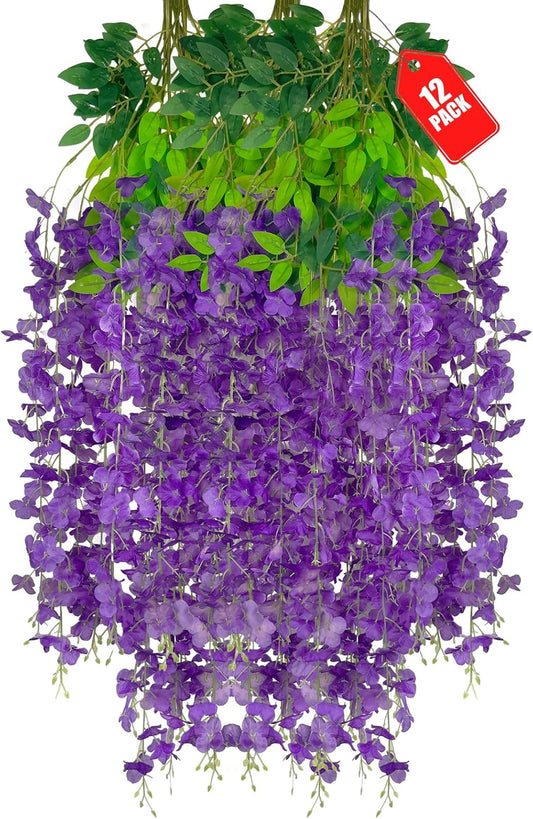 12 Pack Purple Wisteria Hanging Flowers, 3.44 Ft Fake Hanging Flowers, Artificial Wisteria Garland Vines for Wedding Room Backdrop Outdoor Patio Garden Decoration