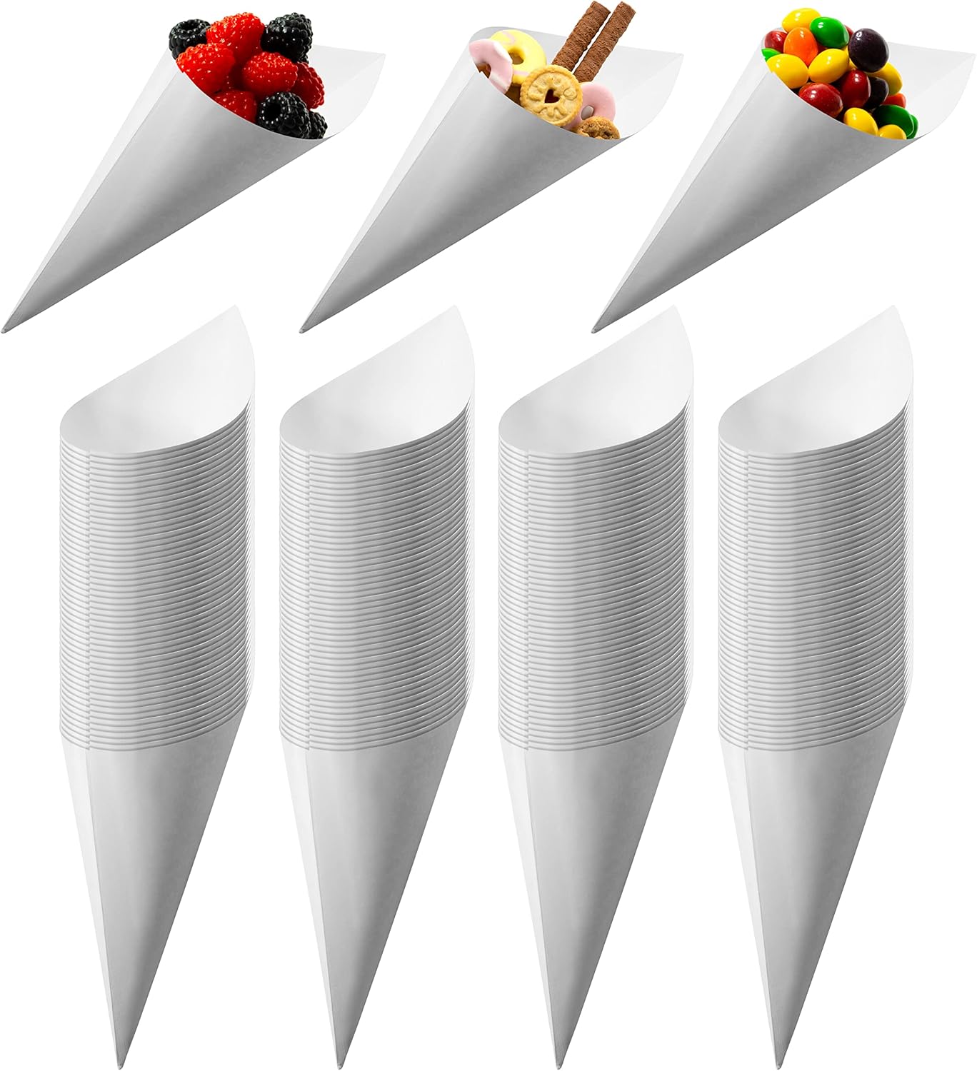 MONTX® 200-Pack Disposable Food Cones | 7" or 6" | White Food-Safe Paper Charcuterie Cones for Appetizers, Popcorn, Snacks, Confetti | Eco-Friendly Alternative to Wood Cones (7 Inch)