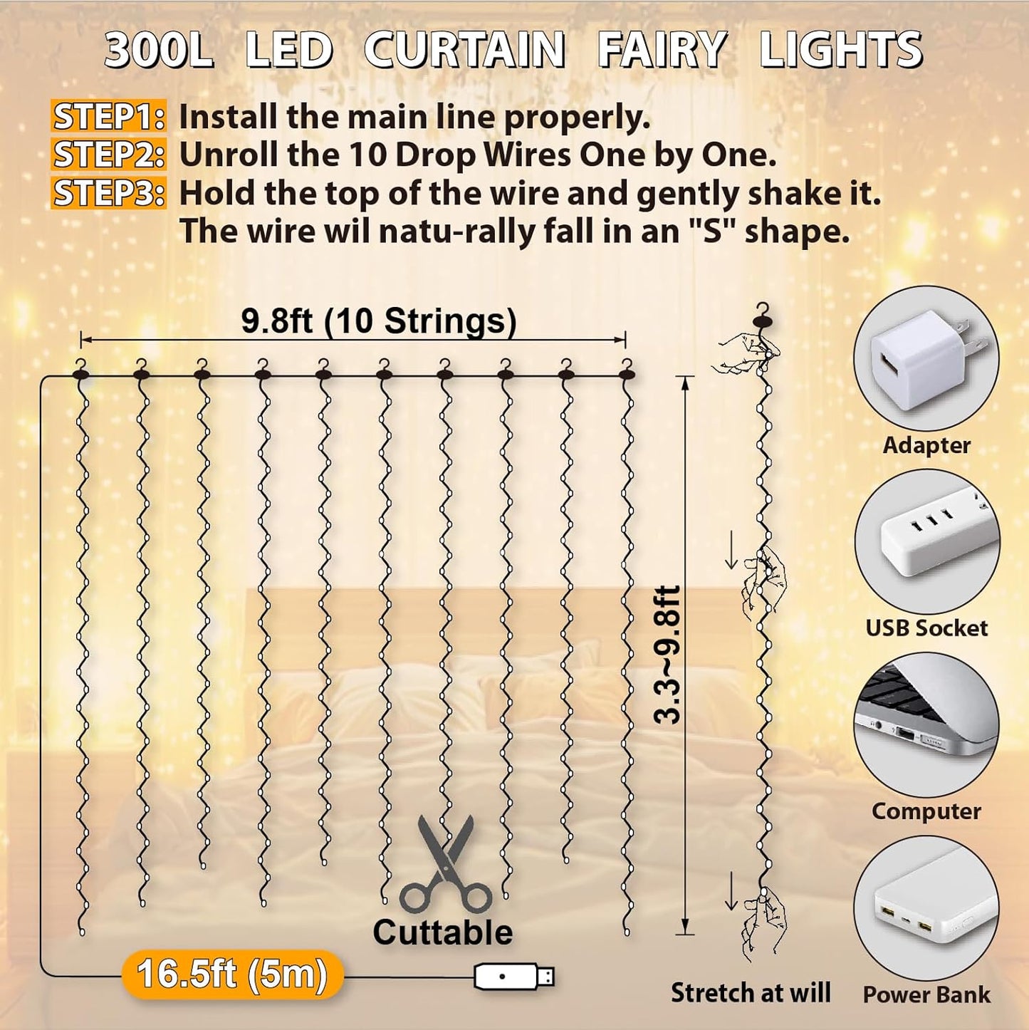 HXWEIYE 300LED Fairy Curtain Lights, 9.8x9.8Ft USB Plug-in 8 Modes Christmas String Hanging Lights with Remote for Bedroom Backdrop Wedding Party Indoor Wall Decor, Warm White
