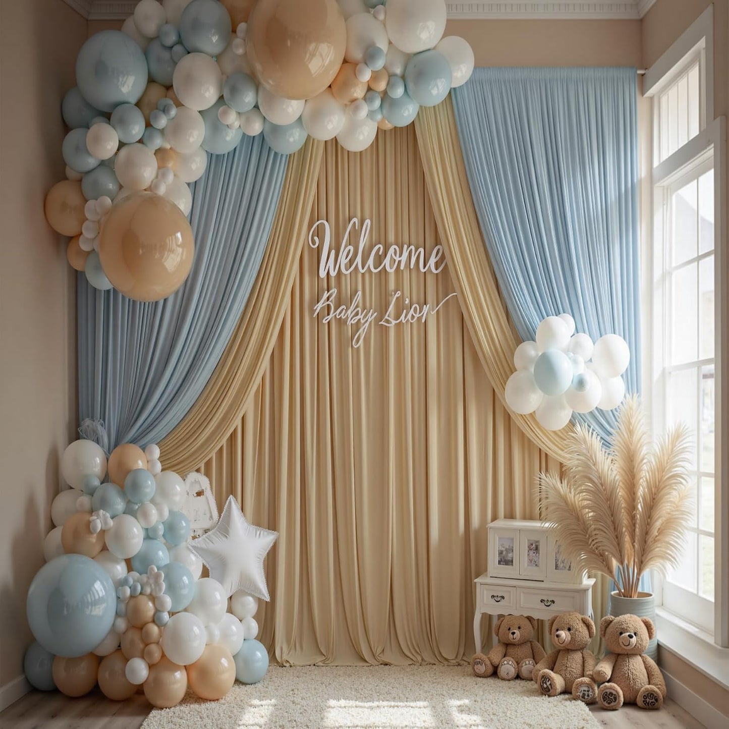 30ft x 15ft Beige Wrinkle Free Backdrop Curtains for Parties,Silky Polyester Fabric Wedding Ceiling Drapes, 6 Panels 15ft Photo Back Drop Drapes for Baby Shower Photography Stage Background Cloth