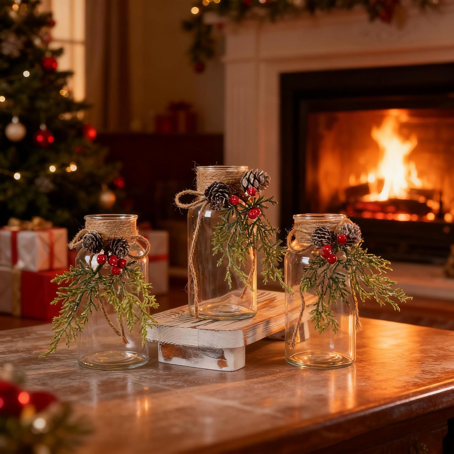 Set of 12 Xmas Decor Vases Christmas Centerpieces for Tables Farmhouse Holiday Table Decor Clear Glass Vases with Twine Ties for Christmas Decorations