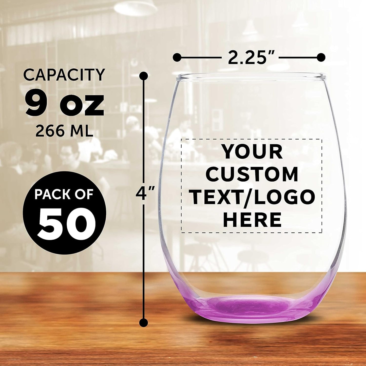 Custom Stemless Wine Glass 9 oz. Set of 50, Personalized Bulk Pack - Great for Wedding Favors, Bachelorette Party Decorations, Party Favors, Color Bottom - Pink
