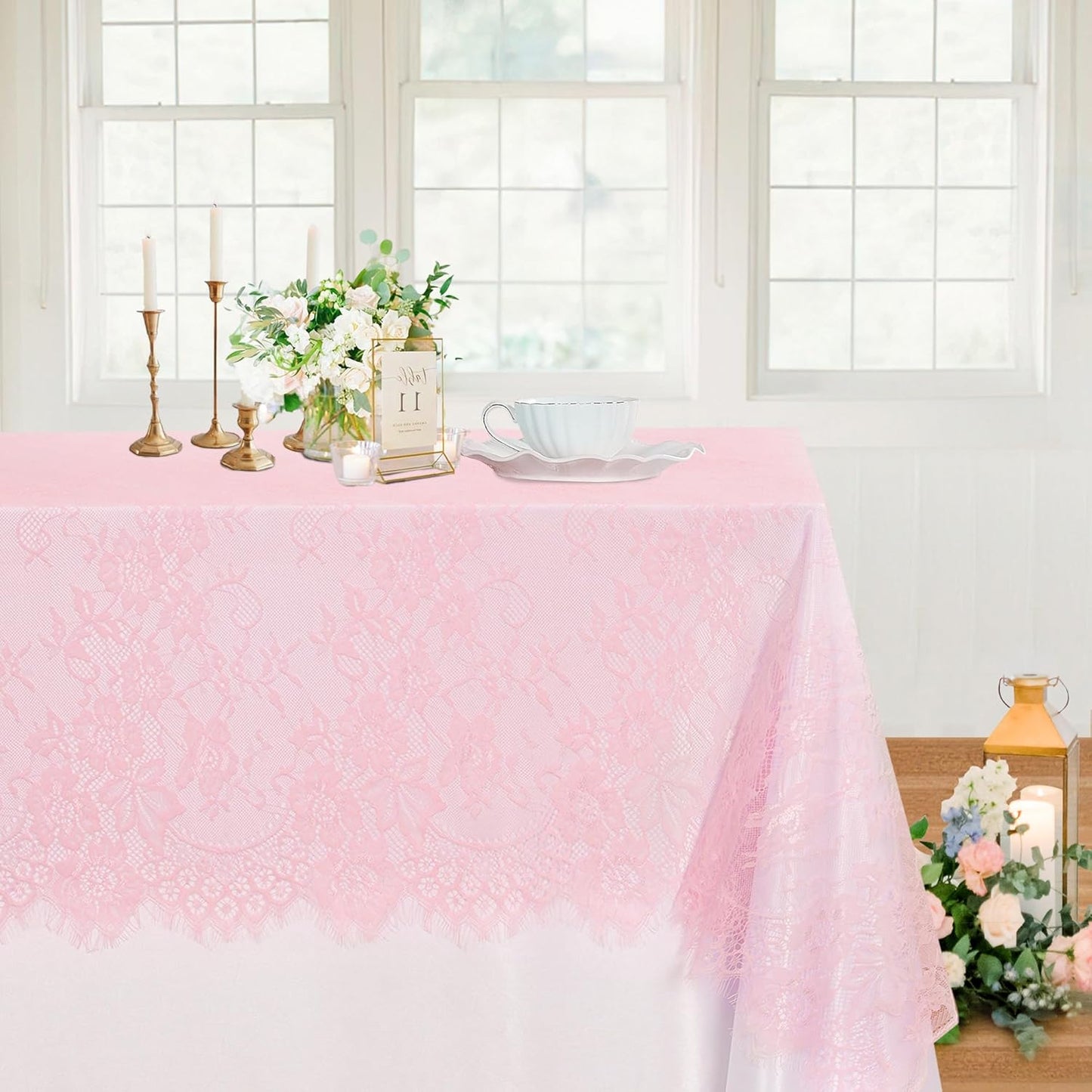 LuoluoHouse Pink Lace Tablecloth Table Fabric 6pcs 60x120 Inch for Vintage Boho Wedding Baby Shower Party Decoration Rectangle Overlay Long Vintage Embroidered Reception Table Cloth Decor