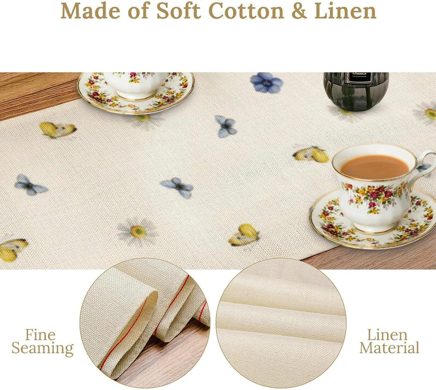 Floral Table Runner, Spring Watercolor Flower Plants Nature Butterfly Table Runner for Kitchen Dinner Living Room Home Party, 13x36 Inch