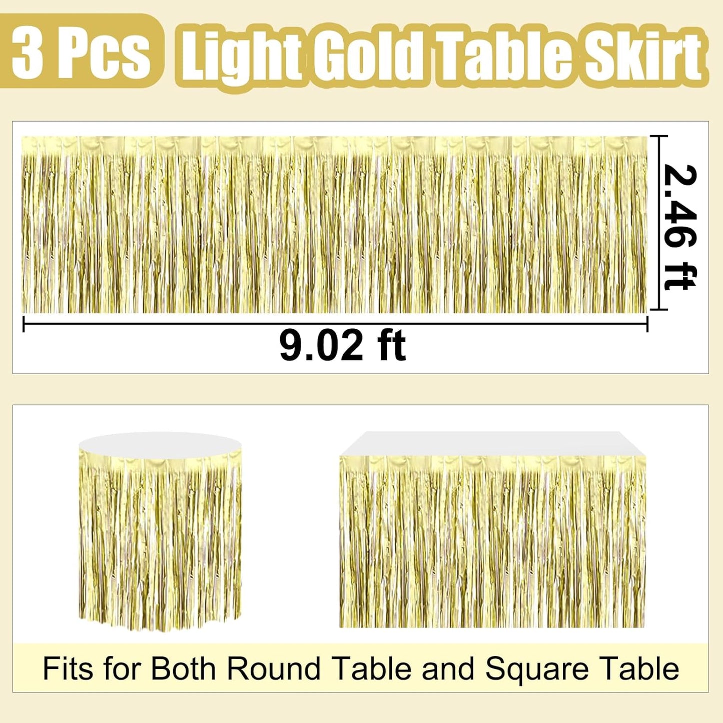 3 Pack 29 x108 Inch Light Gold Foil Fringe Table Skirts Metallic Banner for Tinsel Streamer Garland Backdrop for Parade Floats Wedding Thanksgiving Birthday Christmas New Year Party Decoration