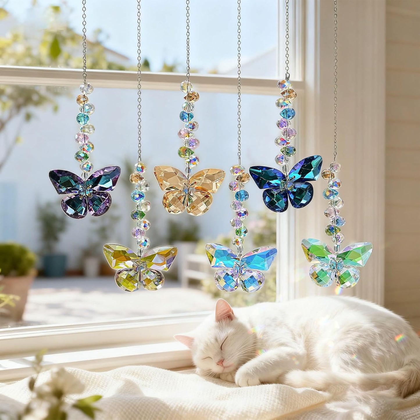 HDCRYSTALGIFTS 6PCS Crystal Butterfly Suncatchers for Window Hanging Ornaments, Rainbow Maker Sun Catchers Indoor Window Wedding Garden Home Decor Gifts