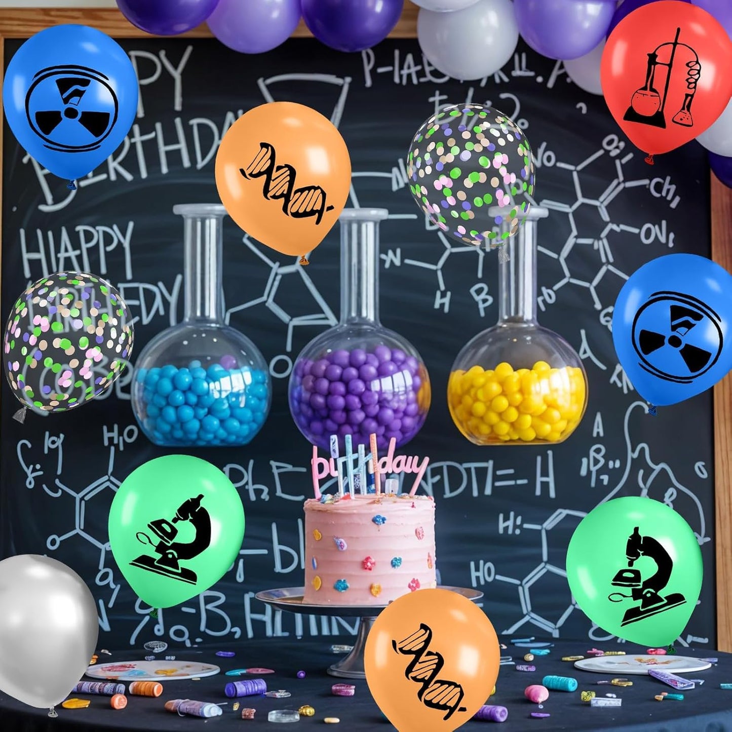 Science Party Balloons, 12 Inch Dark Light Blue Red Green Orange Metallic Silver Colorful Confetti Party Balloons for Boy Girl Science Birthday Party Decorations Baby Shower Lab Classroom Backdrop