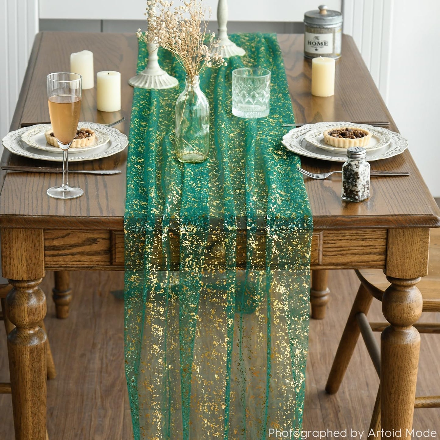 Artoid Mode Green Gold Gauze Table Runner 120 Inch 10FT, Glitter Metallic Foil Sheer Dining Wedding Anniversary Holiday Table Decor for Home Party