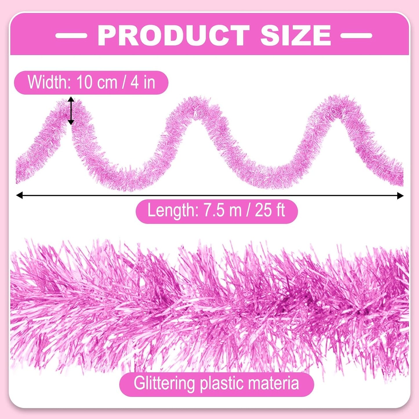 25 Feet Metallic Twist Tinsel Garland - Wall Hanging Backdrop for Parade Floats, Christmas Eve, New Year, Valentine's Day Parties (Macaron Pink, 4in x 25ft)