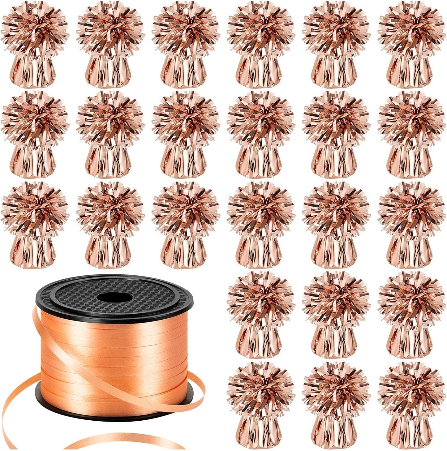 24 PCS Balloon Weights Metallic Anchor, Balloon Holder Heavy Weights with 1 Roll Rose Gold Crimped Ribbon for Balloons Table Party Favor Birthday Decor(Rose Gold)