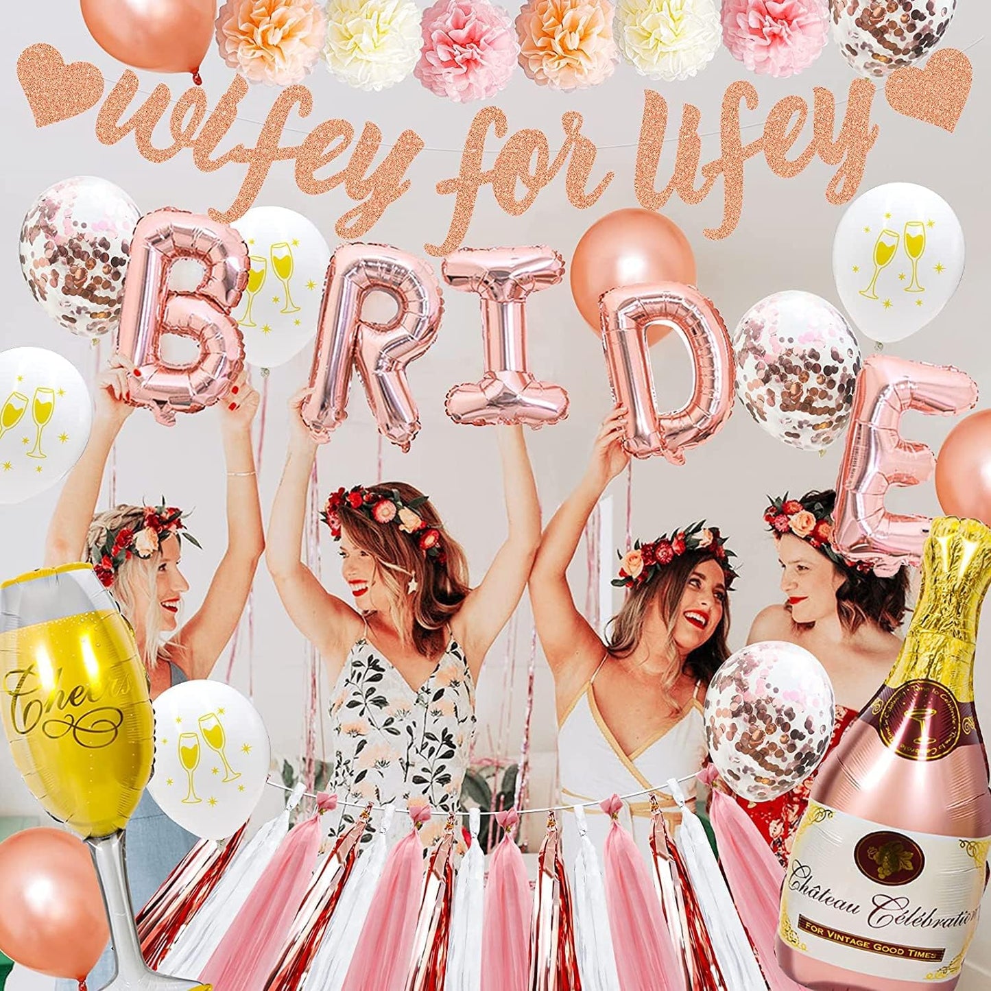 Rose Gold Bachelorette Party Decorations Bridal Shower Decoration Kit with Wifey for Lifey Banner,Champagne Glass Foil Balloons,Bride Foil Balloon,Paper Pom Poms, Tassel Party Supplies