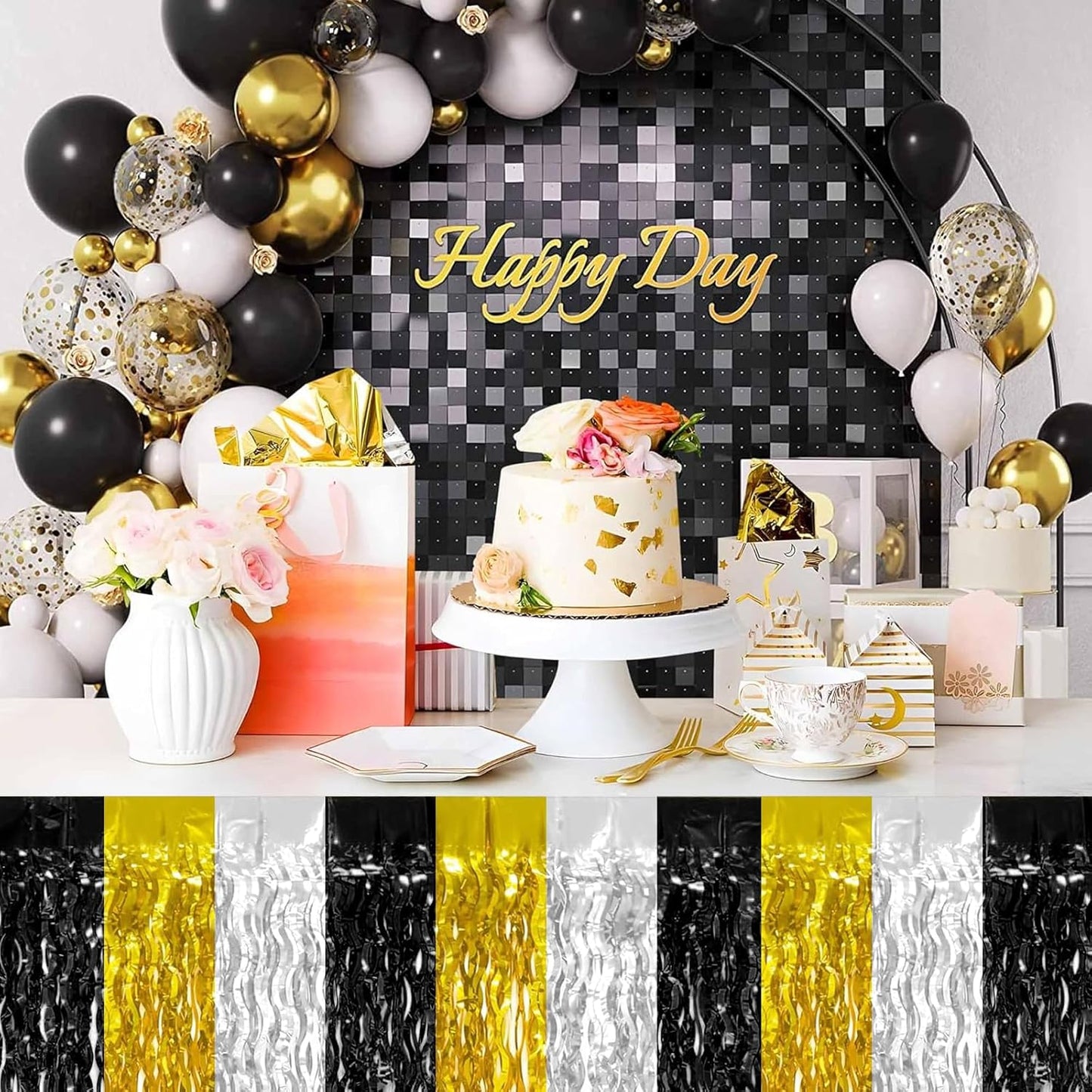4P Wavy Metallic Tinsel Foil Fringe Table Skirts for Rectangle Tables Backdrop Garland Curtains for Parade Floats Wedding Birthday Parties Decoration Graduation 2025 Christmas (Black Gold Silver)