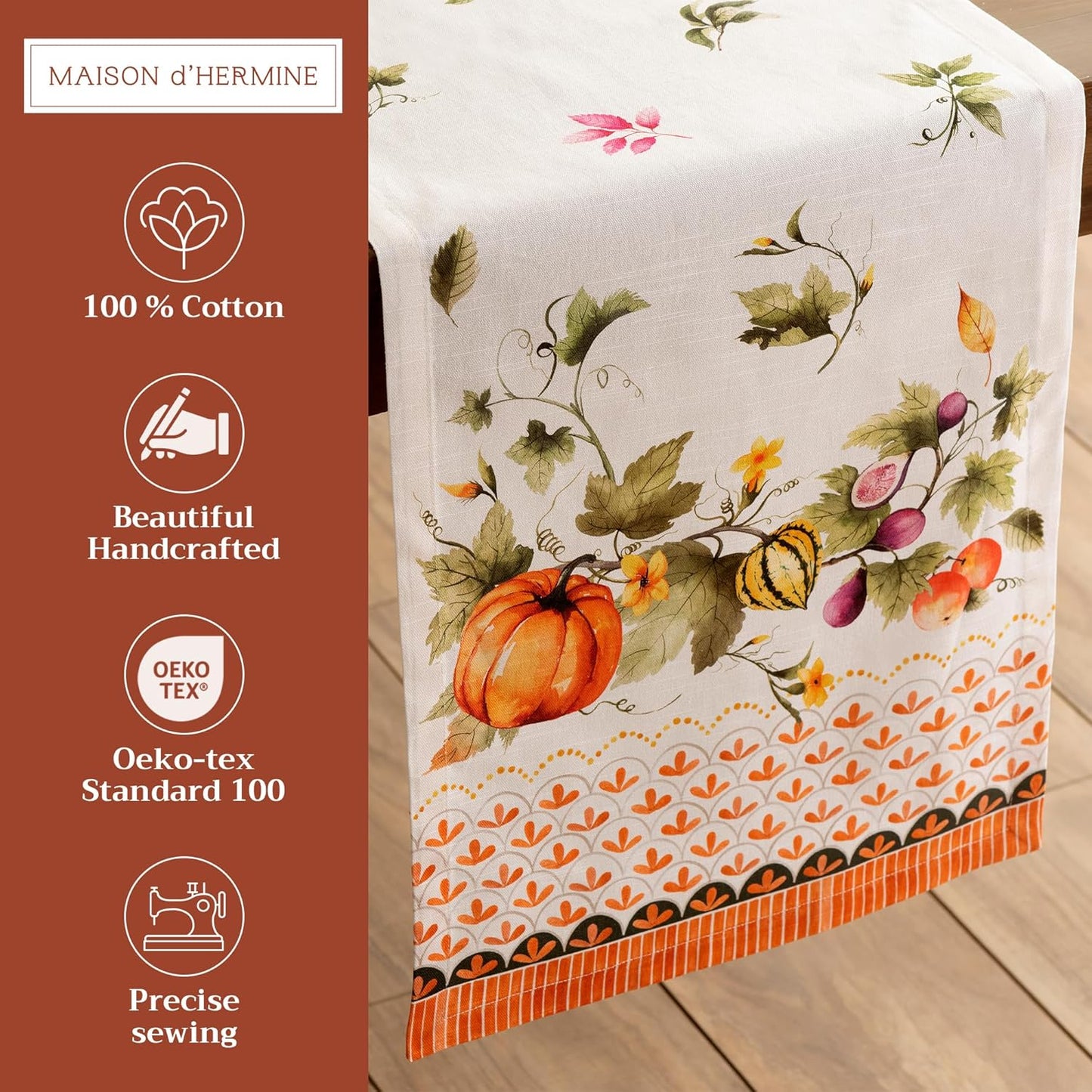Maison d' Hermine Table Runner 100% Cotton Single Layer Table Runners 72 inches Long for Thanksgiving Christmas Decorations Home Kitchen Dining Wedding (Pumpkin Garden - Cloudy Cream, 14.5" x 72")