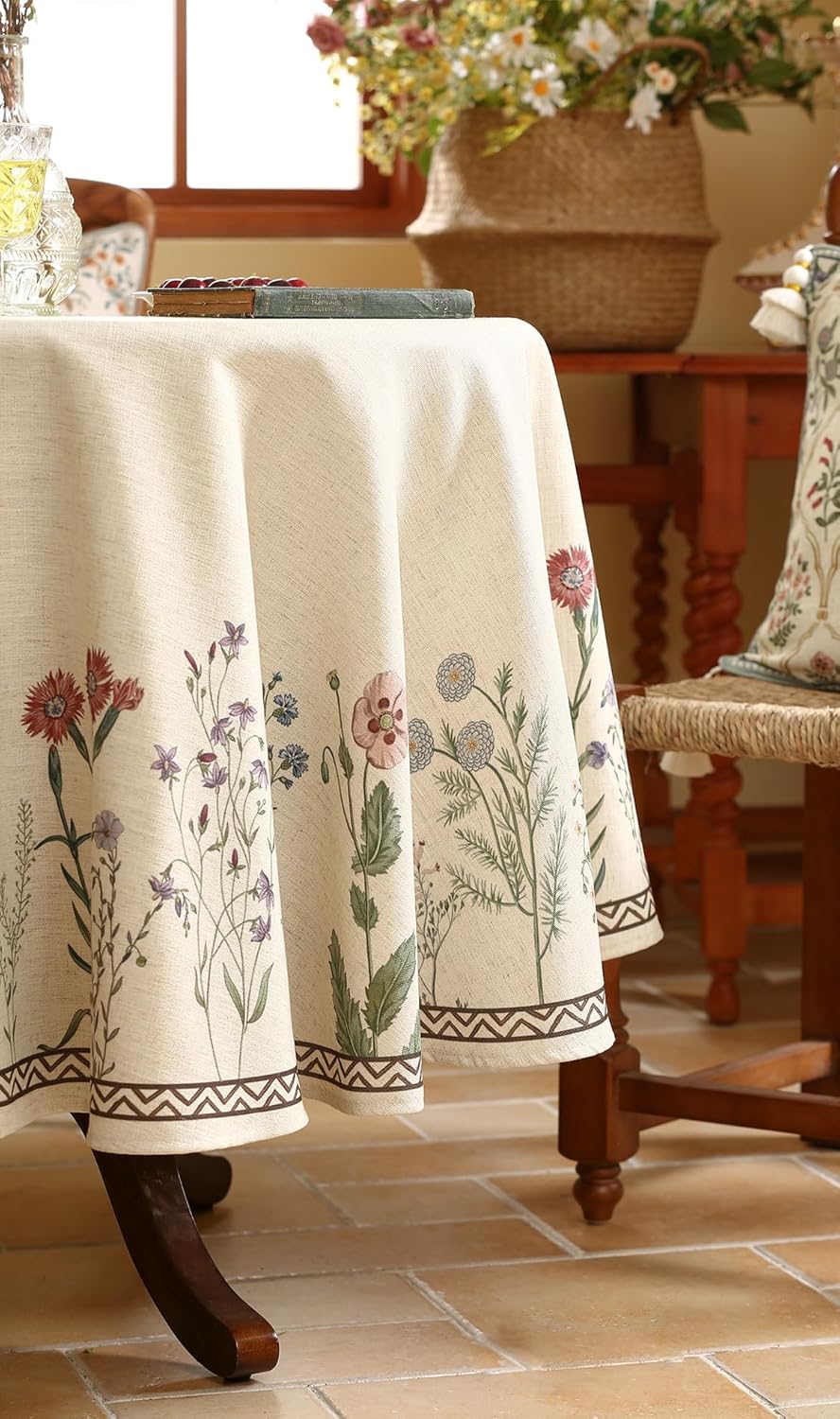 ISAENNE Designer Off White Linen Small Round Tablecloth,Floral Elegant Table Cloth,Stain Resistant Vintage Decor Tablecloths for Dining Thanksgiving Kitchen Christmas,Diameter 55"-Serenity G