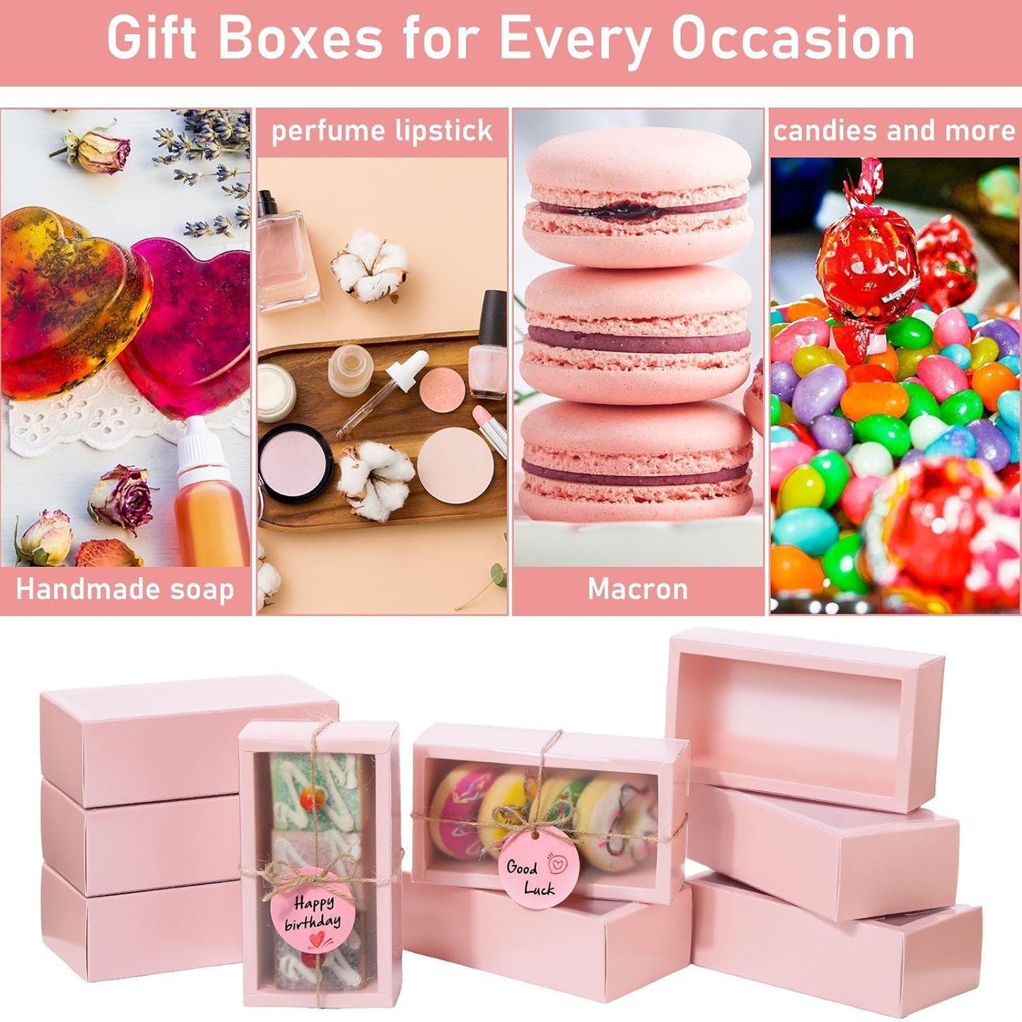 Roowest 50 Sets Kraft Soap Boxes Rectangle Packaging Box with Window Homemade Gift Box with Blank Tags and Jute String for Jewelry Candy Wrapping Party Favor(6.3 x 3.5 x 2 Inch,Pink)