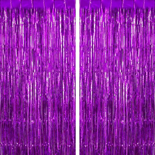 2 Pack Purple Fringe Curtains Foil Shiny Fringe Backdrop Tinsel Door Streamers Foil Curtains for Birthday Wedding Engagement Bridal Shower Celebration Party Decorations Large