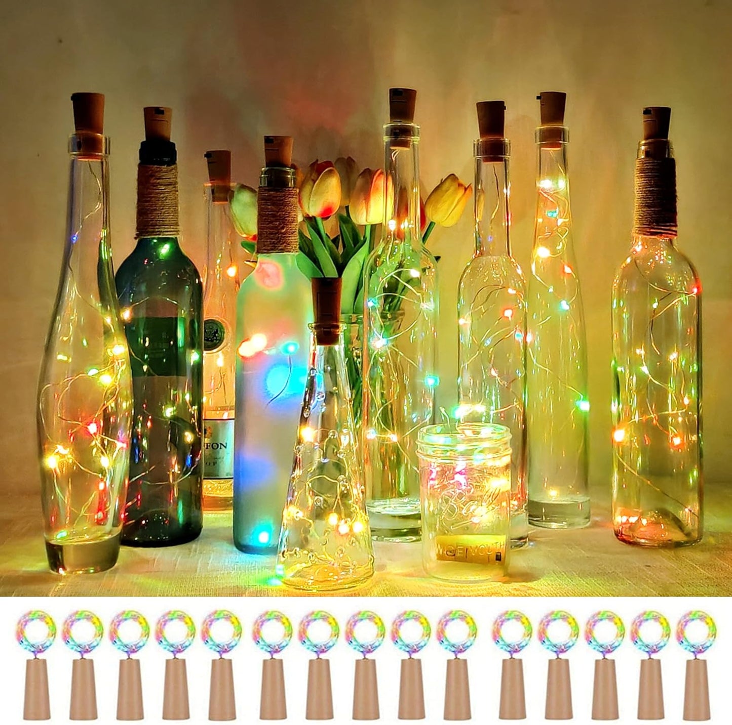 Wine Bottle Lights with Cork 15Pack 10 LED 40 Inches Battery Operated Silver Wire Liquor Fairy Mini String Lights for Party Christmas Halloween Wedding Decoration