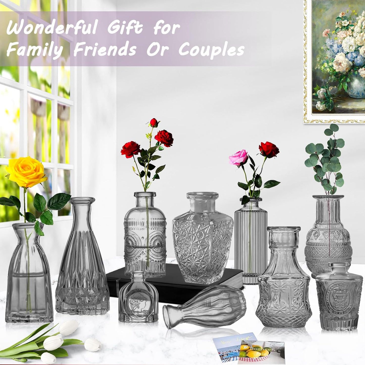 Dark Gray Bud Vases Set, 24 Pcs Vintage Small Vases for Flowers, Clear Crystal Mini Glasses in Bulk, Small Flower Design for Centerpieces Wedding Home Flower Party Decor