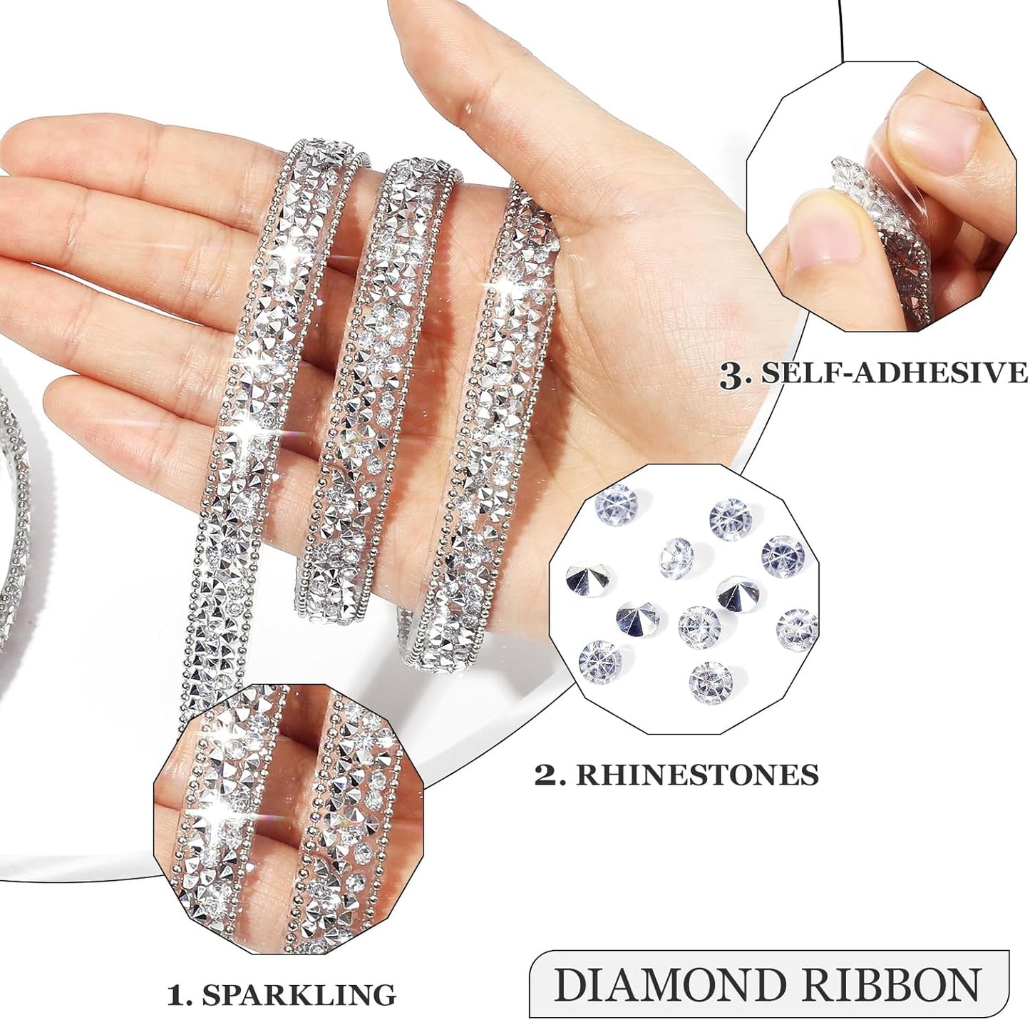 Rhinestone Ribbon 3 Yards Self Adhesive Rhinestone Strips Diamond Ribbon Sticker Crystal Roll Glitter Bling Rhinestones Tape for Crafting DIY Art Decoration (Silver,0.4 Inch)