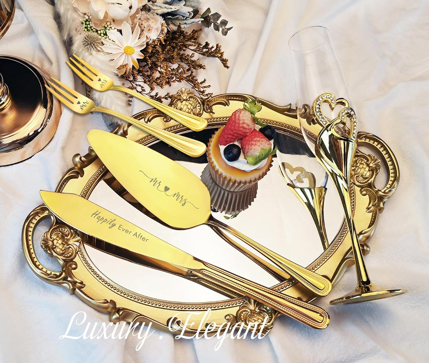 Wedding Cake Knife and Server Set, Gold Wedding Champagne Fluteswith Twin Heart Base and Rhinestone Detailing, Toasting Glasses for Couple Bride and Groom, Cake Cutting Set of 6