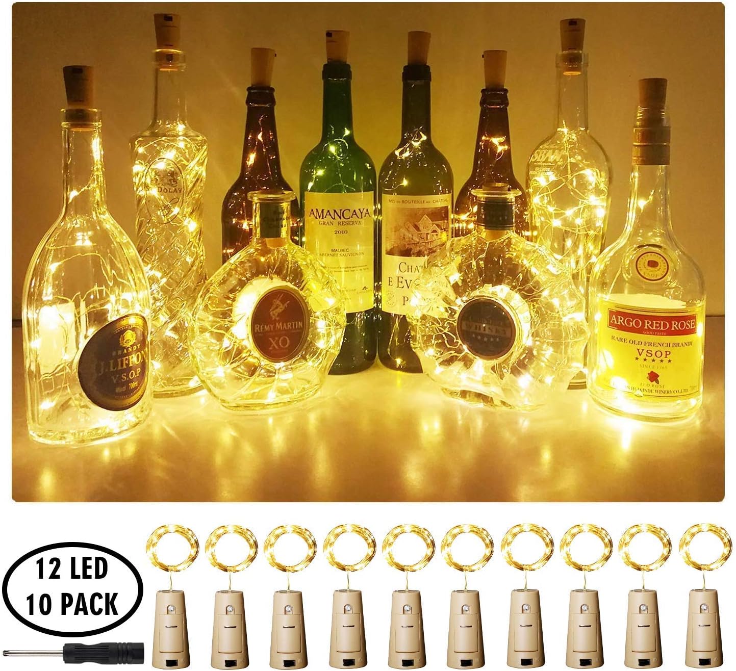 Aluan Wine Bottle Lights with Cork, 12 LED 10 Pack Fairy / String Lights Waterproof Battery Operated for Jar Party Wedding Christmas Festival Bar Decoration, Warm White
