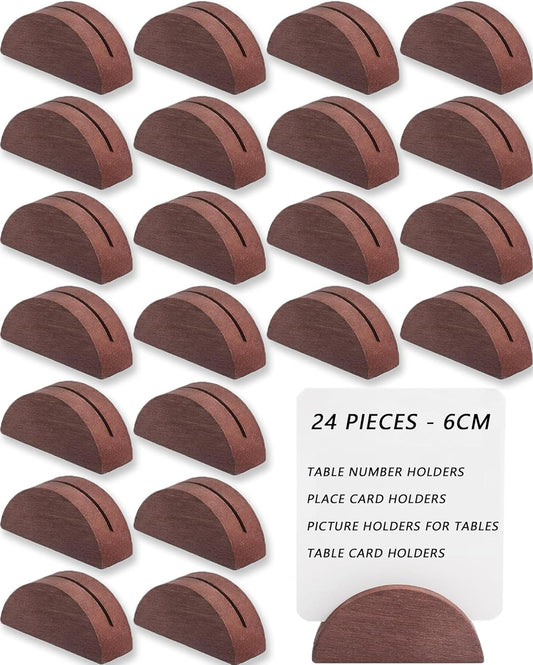 24 Pcs-6cm Table Number Stands, Wooden Semicircular Base - Wedding Place Card Holders, Restaurant Menu & Photo Holders for Tables Lightweight Indoor Design Office Tag Clips Banquet Birthday Party (brown)