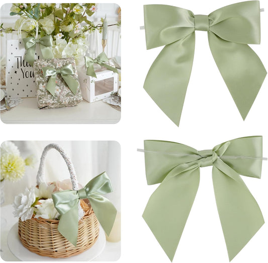 AIMUDI Sage Green Satin Bows 5.5" Bows for Gift Wrapping Satin Twist Tie Bows Premade Ribbon Bows for Treat Bags Invitations Baskets Wreaths Crafts Wedding Birthday Baby Shower Decorations, 24 PCs