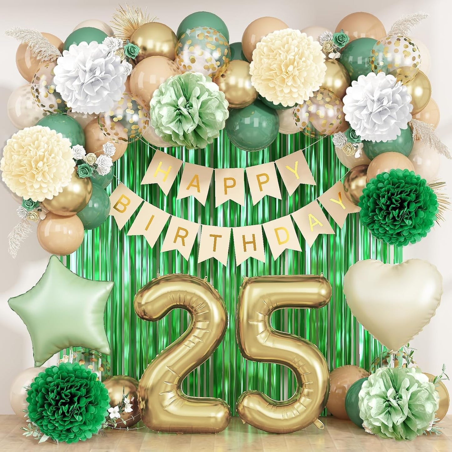 Sage Green 25th Birthday Decorations for Him Gold Number 25 Balloon Nude Gold Happy Birthday Banner Fringe Curtain Paper Pom Poms Olive Green Cream White Sand Star Foil Balloons Party Decor