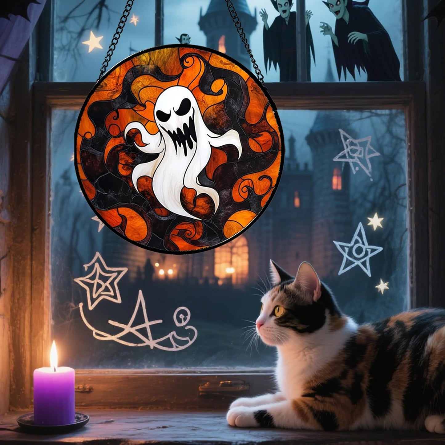 Stained Glass Window Hanging - Halloween White Ghost Suncatcher for Doors Window Garden Indoor Spooky Funny Orange Sun Catchers Gothic Decor Horror Gifts for Women Men Friend 15 in