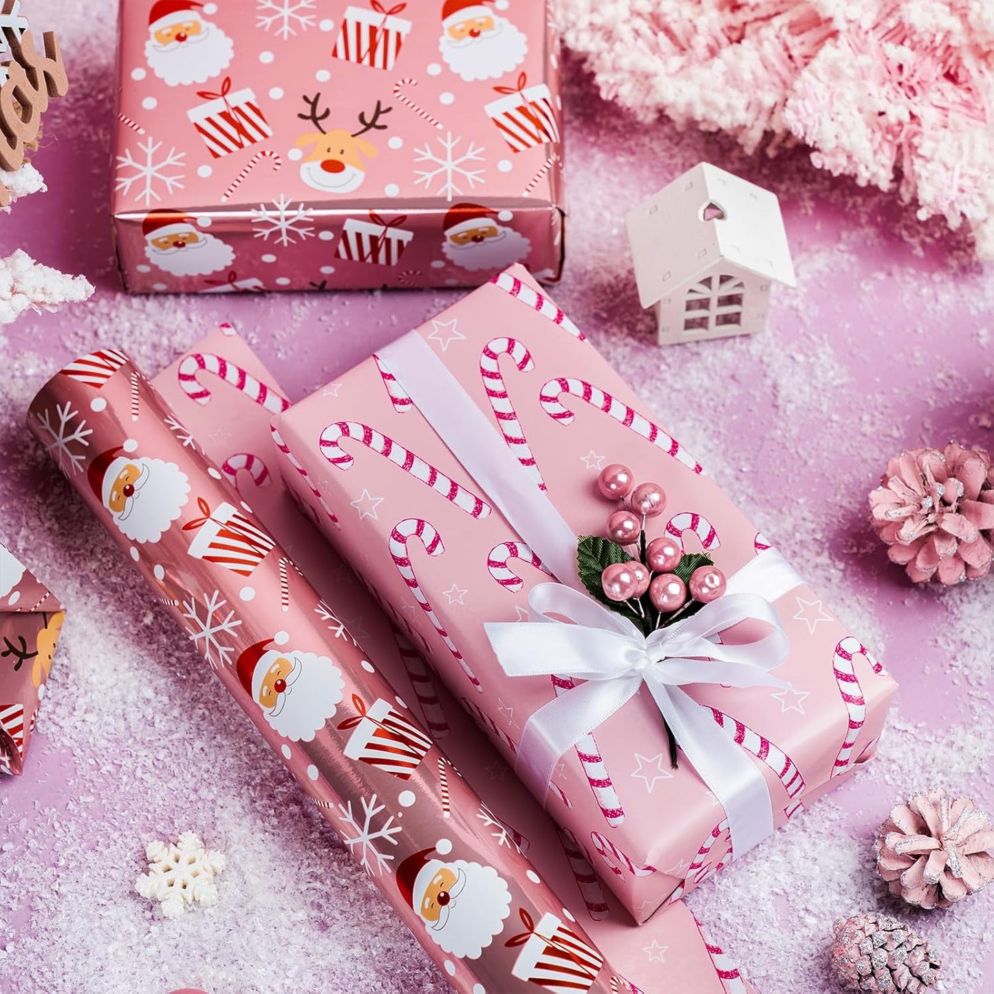 LeZakaa Christmas Pink Wrapping Paper Jumbo Roll, Santa Claus & Candy Cane, Metallic Foil, Rose Gold Foil Reversible Design for Festive Winter Holiday, Family Gathering, 30 inches x 32.8 Feet