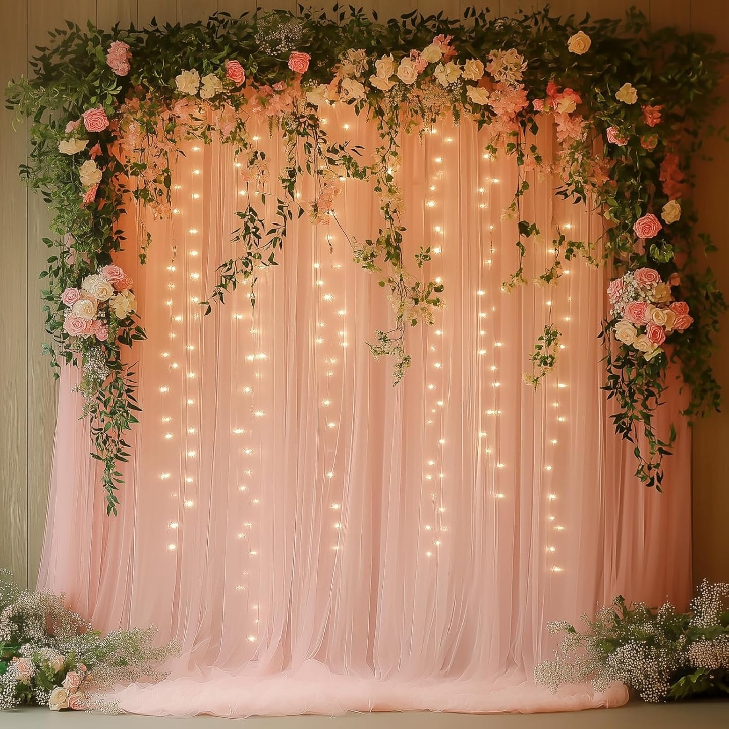 Pink Tulle Backdrop Curtain with Lights String - 10x10ft Sheer Backdrop with 300 LEDs for Wedding, Baby Shower, Bridal Shower, Birthday Party Photo Shoot Background and Home Decorations