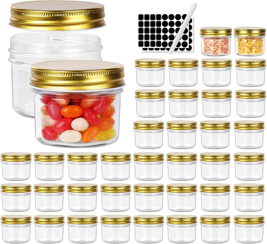 Betrome 4 oz Clear Glass Jars with Metal Golden Lids, Pack of 40, 100ml Round Canning Jars,Ideal for Spices, Herbs, Honey, Jam, Wedding Favors