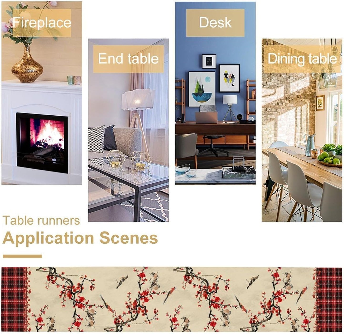 Bird Table Runner,Red Black Buffalo Plaid Blossom Seasonal Table Runner for Kitchen Dining Table Decoration Home Party Decor 13x108 Inch