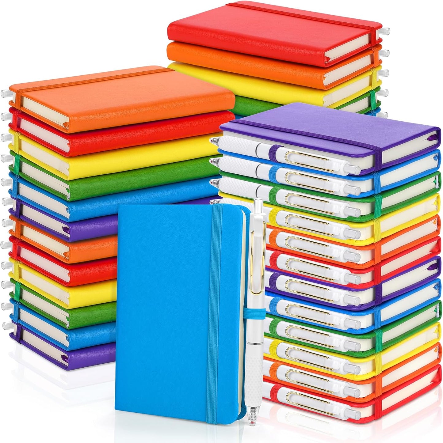 Aneco 50 Sets Pocket Notebook Journals with Pens, A6 Mini Hardcover PU Leather Lined Notebooks 3.5 x 5.5 Inch College Ruled Notepad With Pen Holder for Office School Supplies, Rainbow Color