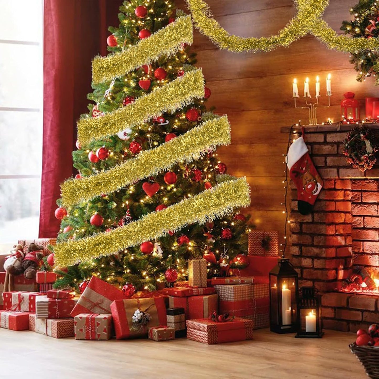 32.8 Ft Gold Christmas Tinsel Garland Metallic Shiny Tassle Banner Wall Hanging Tinsel Streamers Backdrop for Christmas Holiday Birthday Party Supplies Indoor Outdoor Ornaments Home Decor