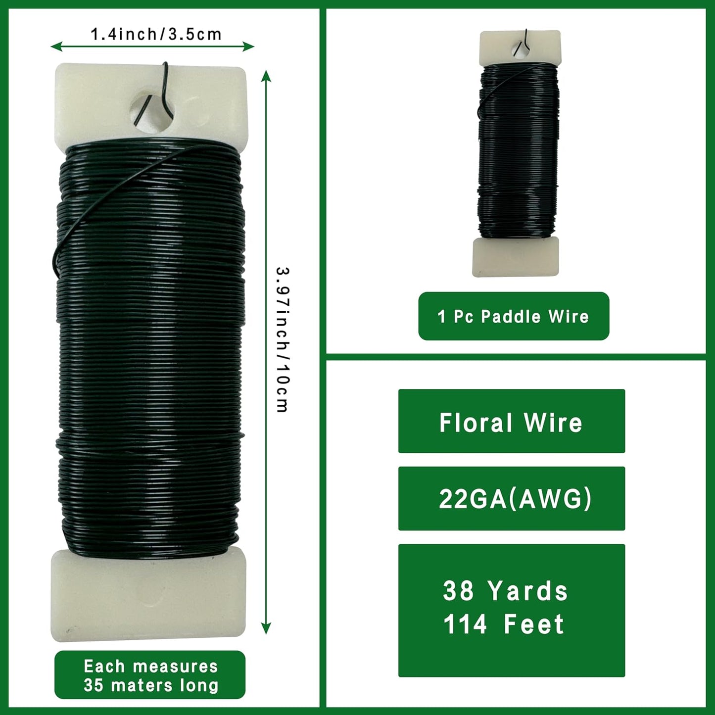 Green Floral Wire 1 Pack 38 Yards 22 Gauge Flexible Paddle Craft Wire for Wreath Making, Christmas Tree, Floral Arrangements and DIY Crafts