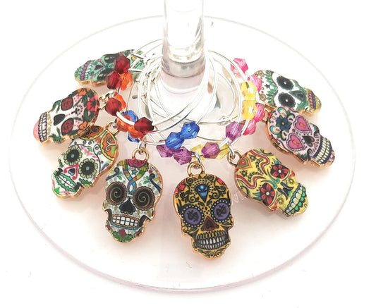 Cinco De Mayo Skull Wine Charms - Day Of The Dead Sugar Skull Glass Identifier Tags - Halloween Glass Markers - Party Table Setting Supplies - 8 Wine Charms/pack