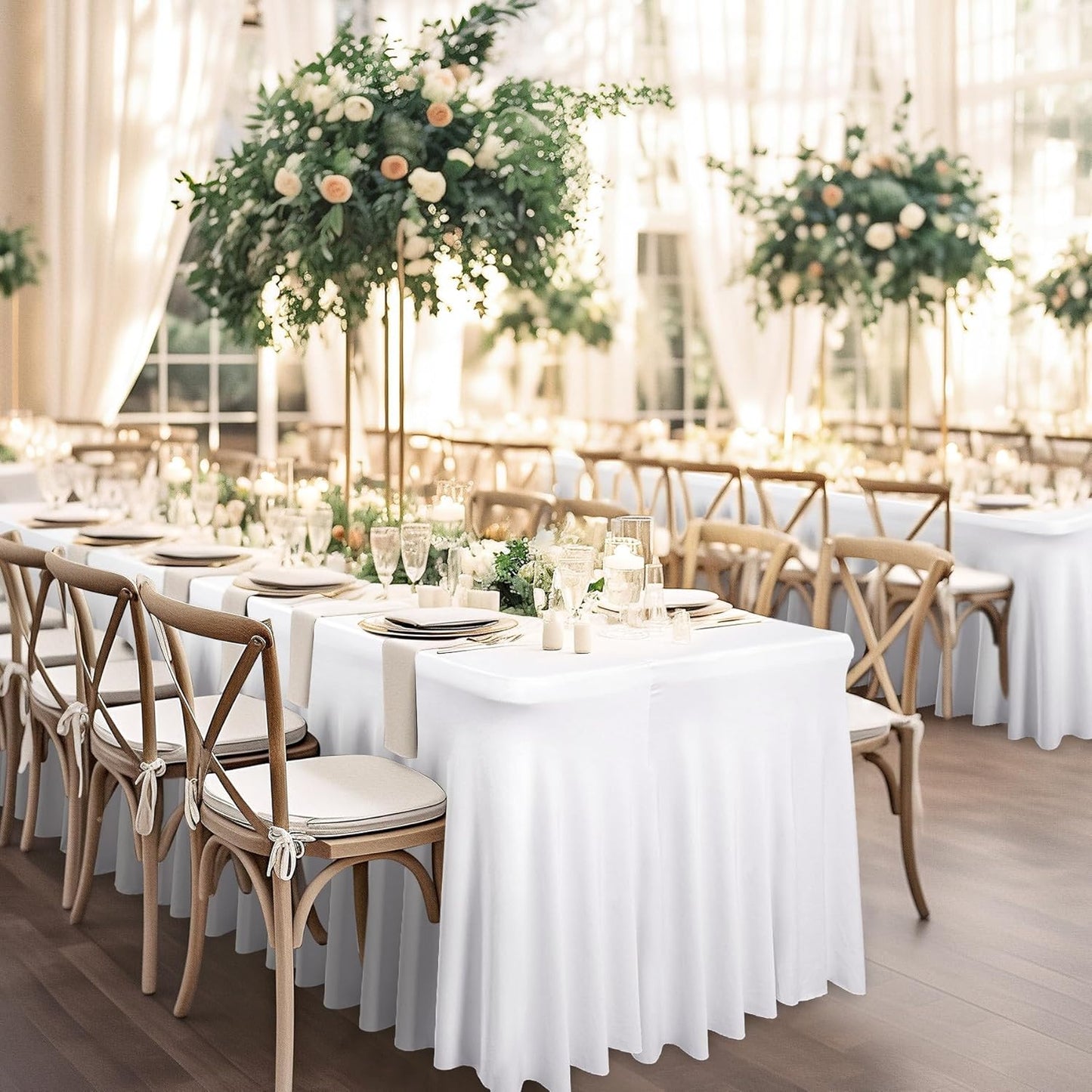 Wish Care 2 Pack White Spandex Table Clothes for 6 Foot Rectangle Tables, 6FT Wrinkle Free Fitted Tablecloths Ruffles Design Table Cover for Party, Banquet, Wedding and Events