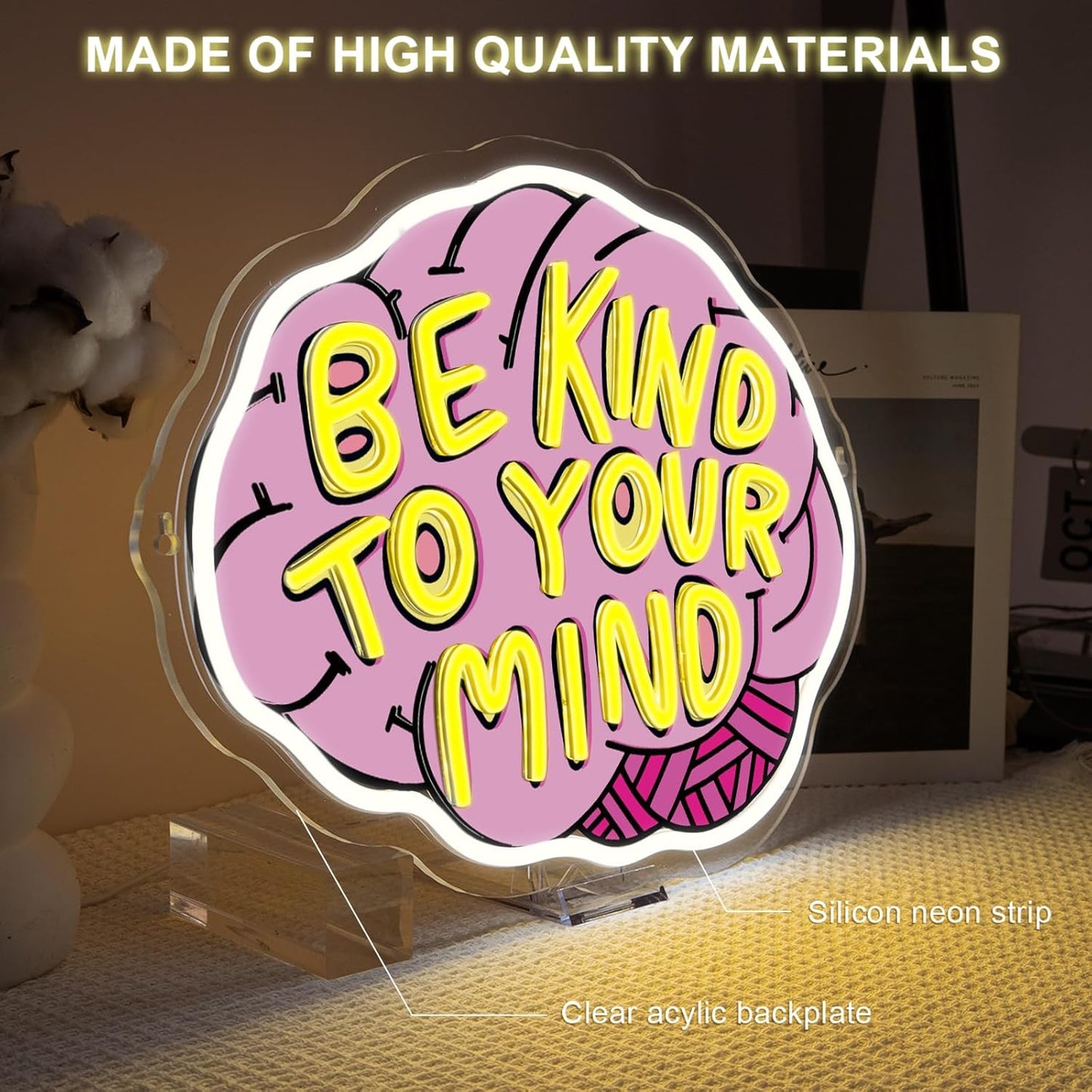 Lucunstar Be Kind To Your Mind Neon Sign Brain Neon Signs Dimmable Led For Wall Decor Be kind Lights For Classroom Home Bedroom Office USB Powered 16.06x12.09in