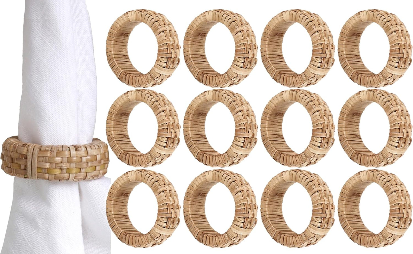 Handcrafted Napkin Ring Set of 12, Unique Cane & Plastic Design, Elegant Tableware, Premium Quality Napkin Ring, Perfect for Dinner Parties, Wedding Decor, Holiday Gatherings (Brown) - CLEENTABLE