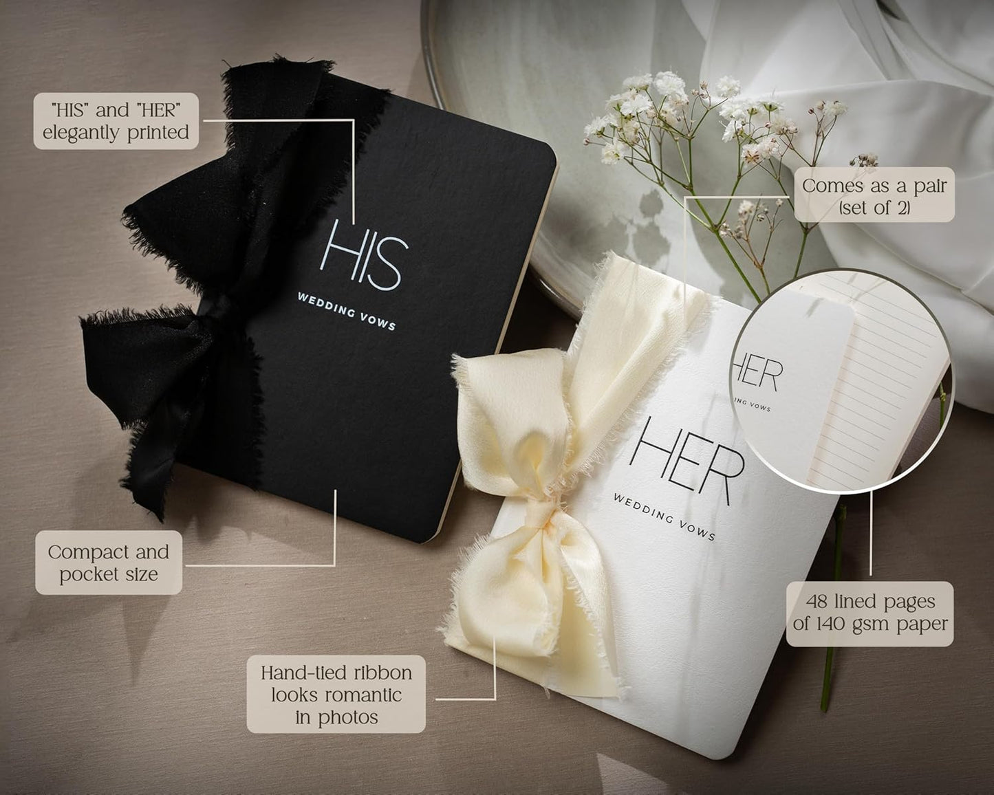 Black White His Her Slim Vow Books w/Ribbon (Set of 2) - 5.625 x 4" Minimalist Pocket Sized Modern Wedding Ceremony Vow Renewal Speech Notebook Journal