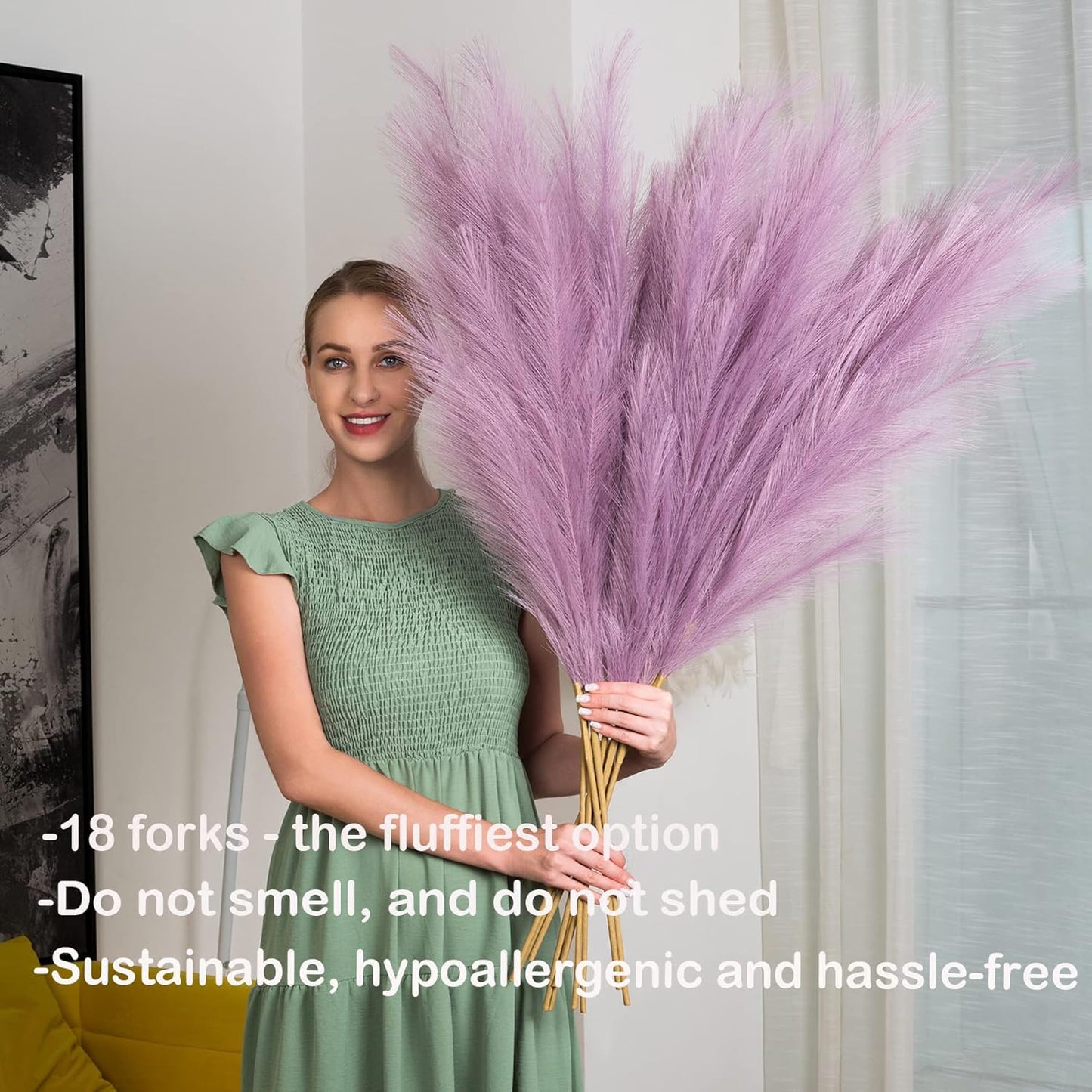 EVODIS Pampas Grass Decor Tall, 43"/110cm Faux Pampas Grass 6 Stems Large Pompass Grass Branches Tall Bulk Boho Flower Arrangement for Home Room Wedding Party Decor (Light Purple)