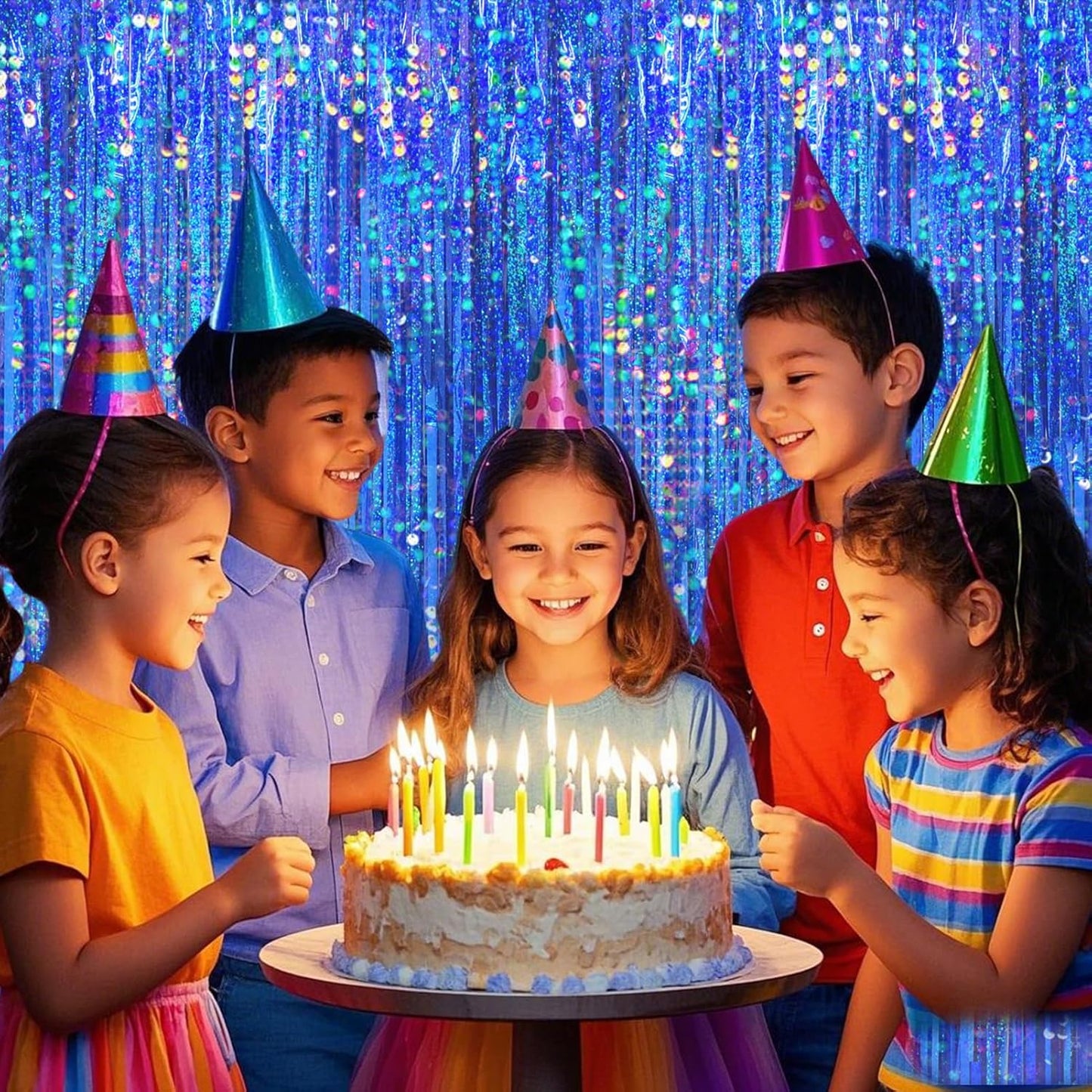 4 Packs Blue Foil Fringe Curtain, Navy Blue Metallic Tinsel Backdrop for Birthday, Wedding, Baby Shower, Bachelorette, Graduation, Galaxy Space Party Decorations Supplies