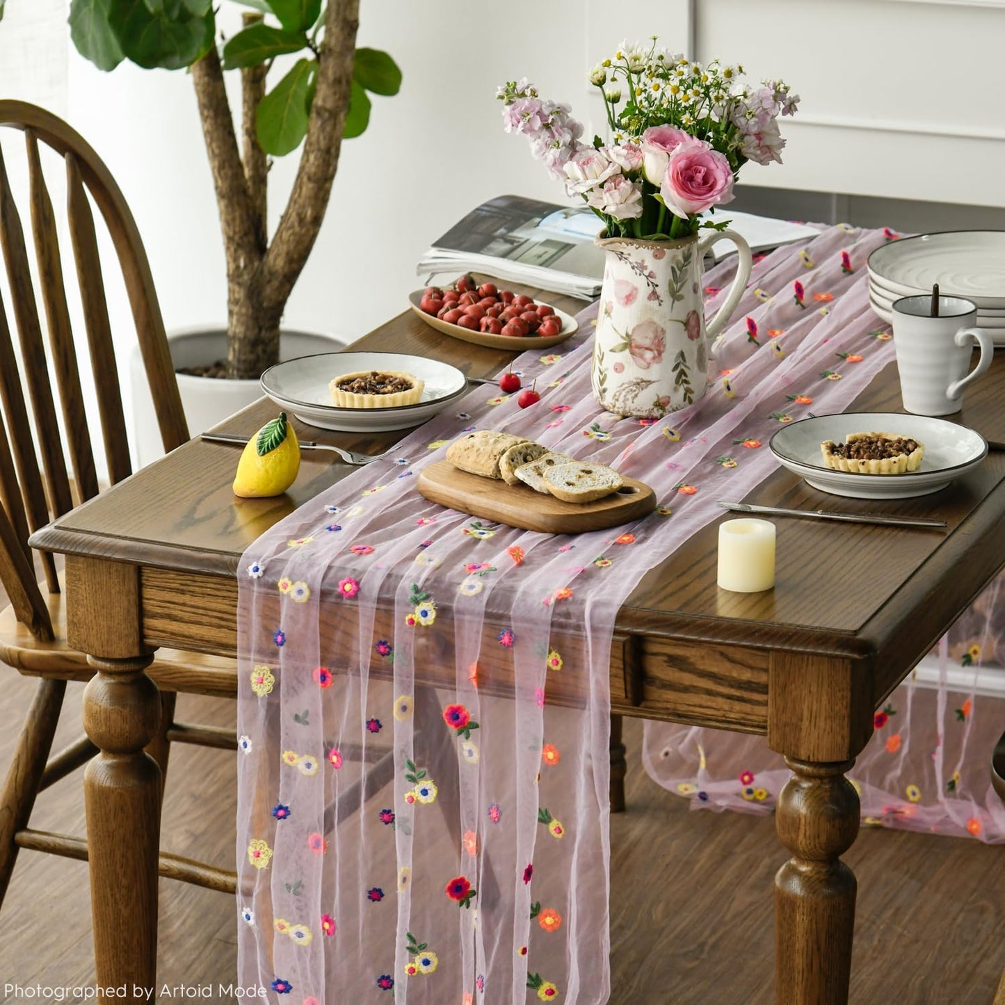 Artoid Mode Pink Embroidery Daisy Gauze Table Runner 120 Inch 10FT, Seasonal Sheer Kitchen Dining Holiday Wedding Birthday Table Decor for Home Party