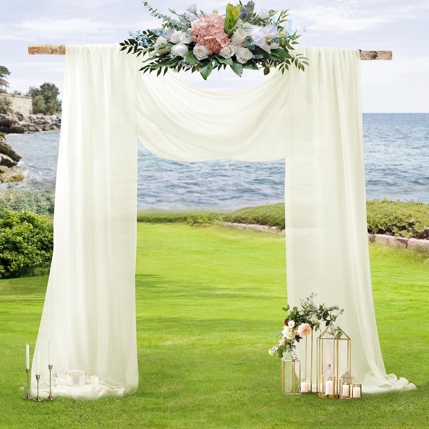 SiinvdaBZX 4 Panels Wedding Arch Draping Fabric 30" x 20Ft Ivory Sheer Chiffon Fabric Outdoor Extra Long Decorative Drapery Fabric for Party Ceremony Ceiling Curtain Backdrop