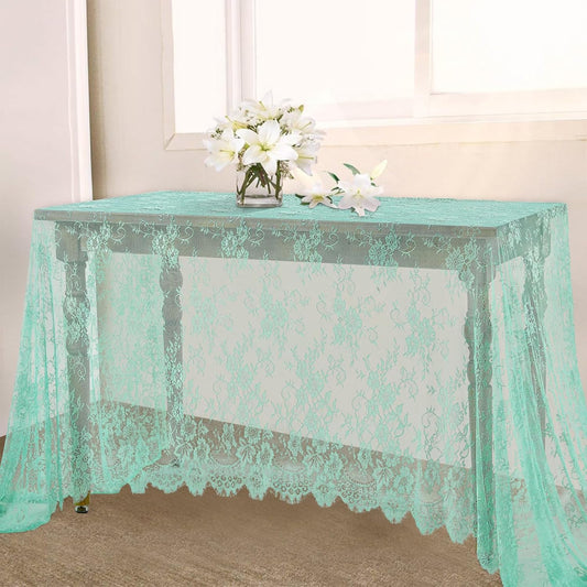 Light Green Lace Tablecloth Sheer Table Fabric 2pcs 60x120 Inch for Scary Movies Rustic Wedding Bridal Shower Party Decoration Rectangle Overlay Vintage Embroidered Reception Table Cloth Decor