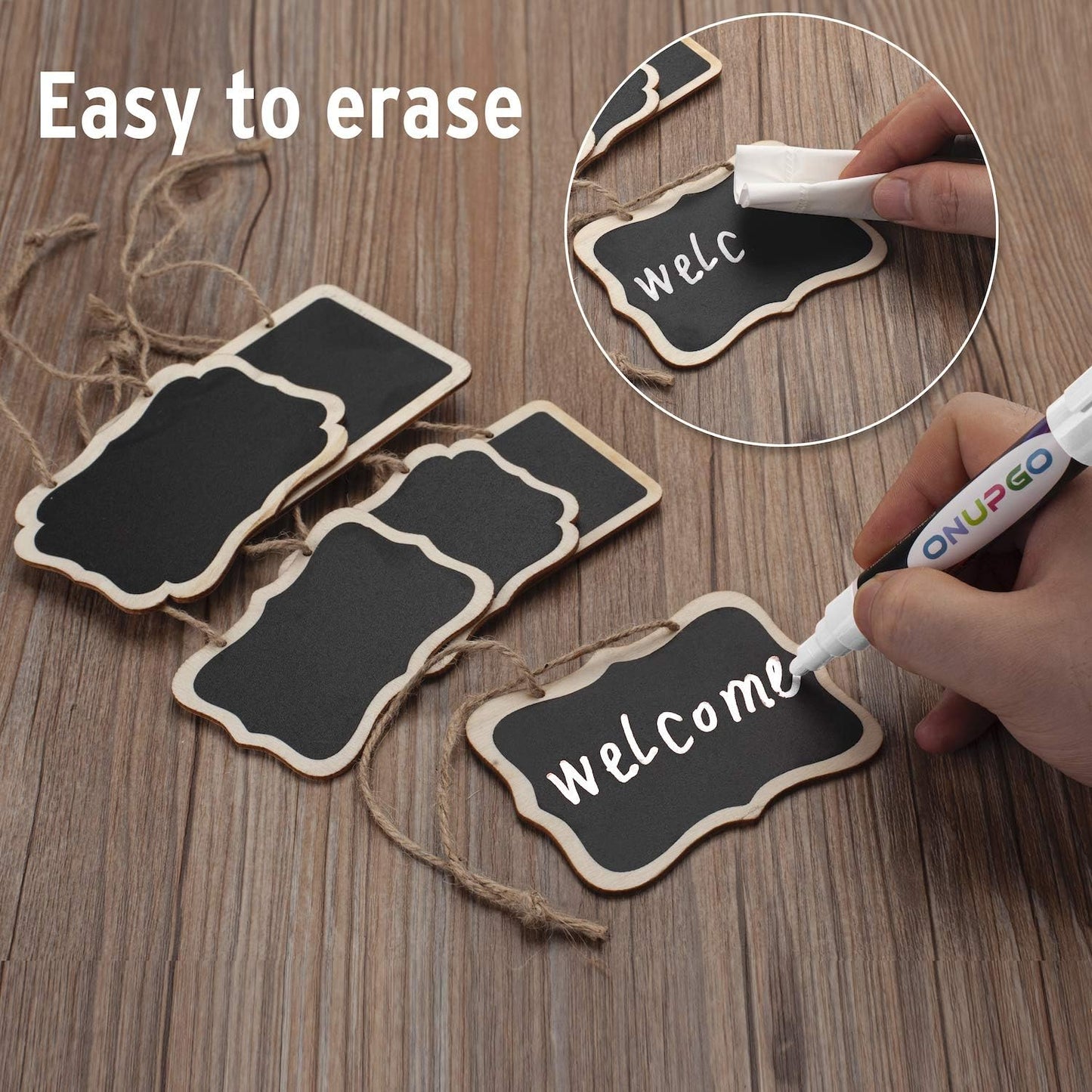 ONUPGO 16 Pack Chalkboard Tags for Baskets with String, Mini Erasable Chalkboards with Hanging String, Wooden Mini Chalkboard Signs, Hanging Chalkboard Labels, Price Tags, Message Tags